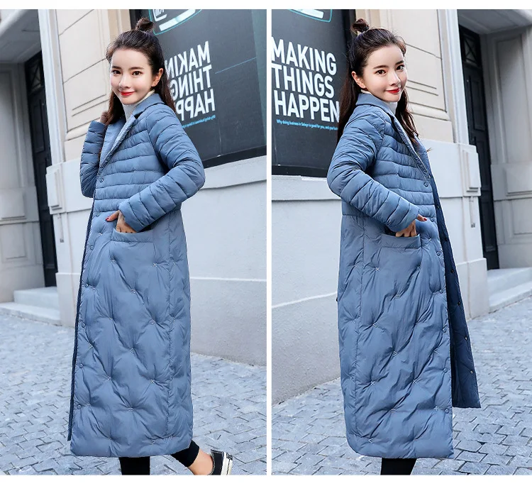 Пуховик женский выше колена с длинным тонким отворотом теплое зимнее женское