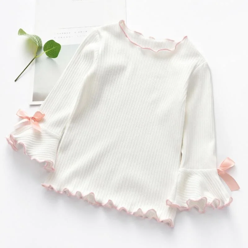 2018 Fall Spring Base Shirt Girls Shirts Kids Children Long Sleeve Ruffles Bow Girl Tops And Blouse Baby Toddler Clothes JW3373 | Детская
