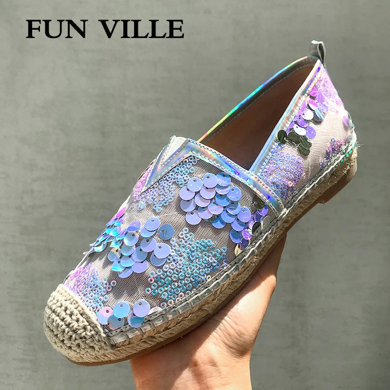 

FUN VILLE Shining New Fashion Flat shoes for women Sequined Cloth Air Mesh Spring Summer Women Casual shoes Sexy Ladies loafers