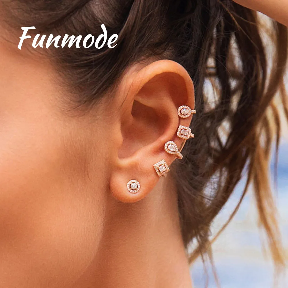 Уникальные геометрические серьги-каффы Funmode F003E с искусственными фианитами