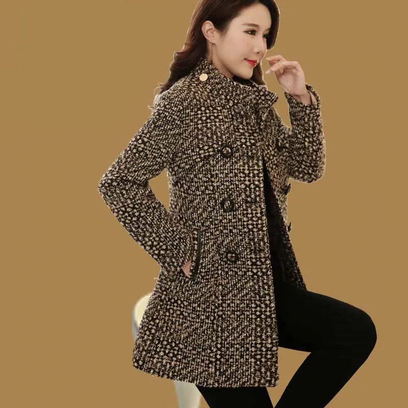 2020 Autumn Fashion Elegant Mother Turtleneck Plaid Slim Long Tweed Woolen Outerwear Female New Women's Wool Blends Coat Winter | Женская