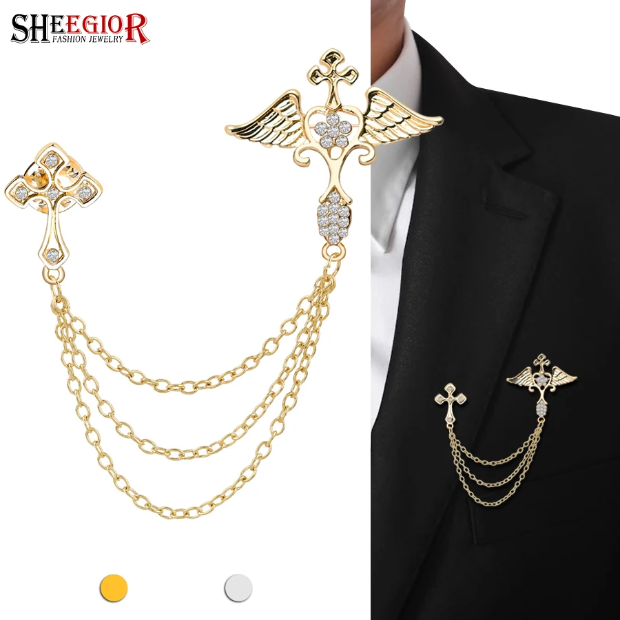 Lovely Angel Wing Cross Brooch Pins Men's Badge Fashion Jewelry Ethnic Golden Silver color Tassel Brooches for Women Accessories |