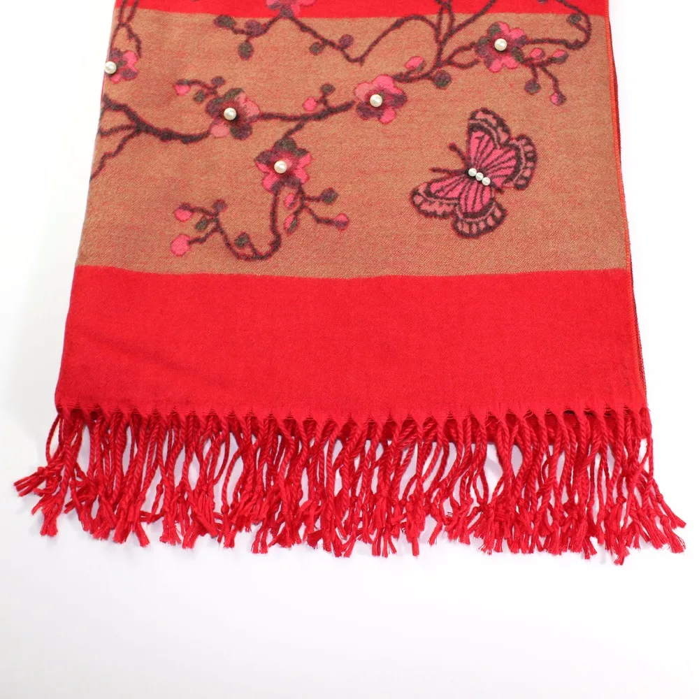 

China Floral Pearl Scarf Winter Women New 2017 Cashmere Scarves Stoles Wool Blanket Warm Pashmina Chinese Shawl Butterfly Flying