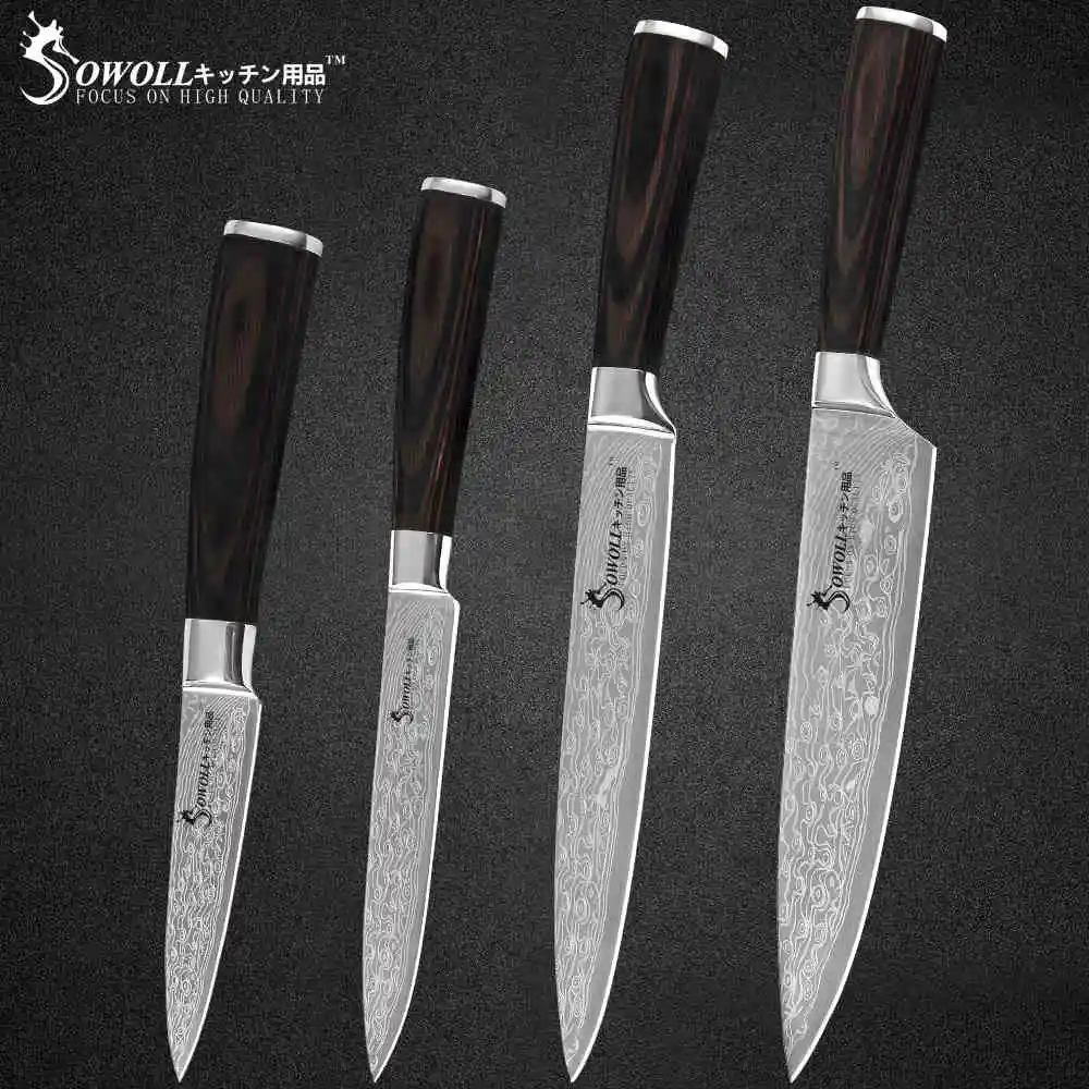 D.4PCS SET Sowoll кухонные ножи из нержавеющей стали 6 шт. набор дамасский узор лезвие цвет деревянная ручка Кухонные гаджеты Инструменты для приготовления пищи - Цвет: D.4PCS SET