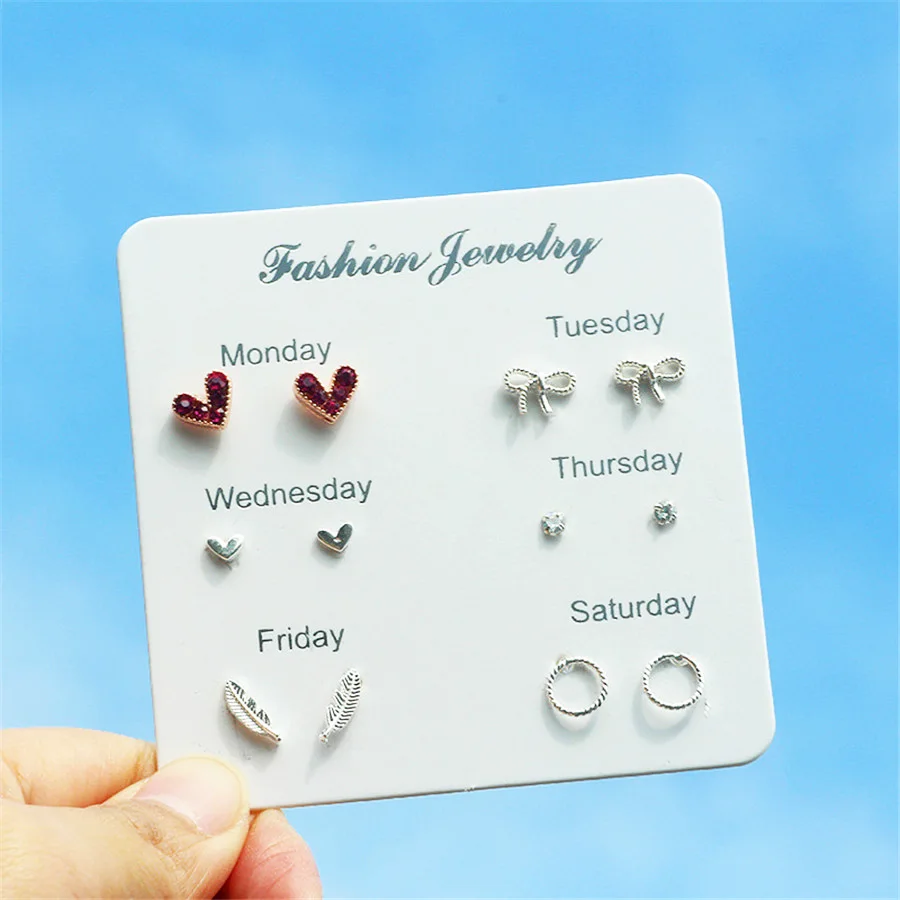 6 пар женские серьги гвоздики розовый символ любви в форме сердца с кристаллами