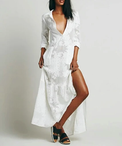 2016 Для женщин BOHO разрез сбоку Кружевное белое шифоновое платье макси новый сезон: