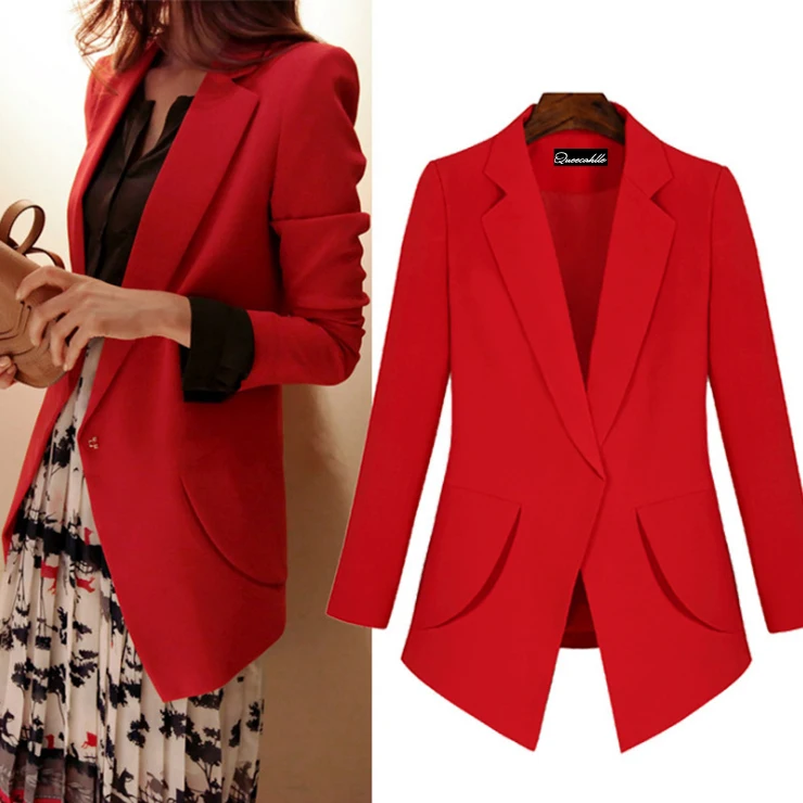 

Queechalle Red Black Notched Slim Blazer Coat Women Long Sleeve Office Lady Workwear Jacket Suit Women's Blazer Outerwear