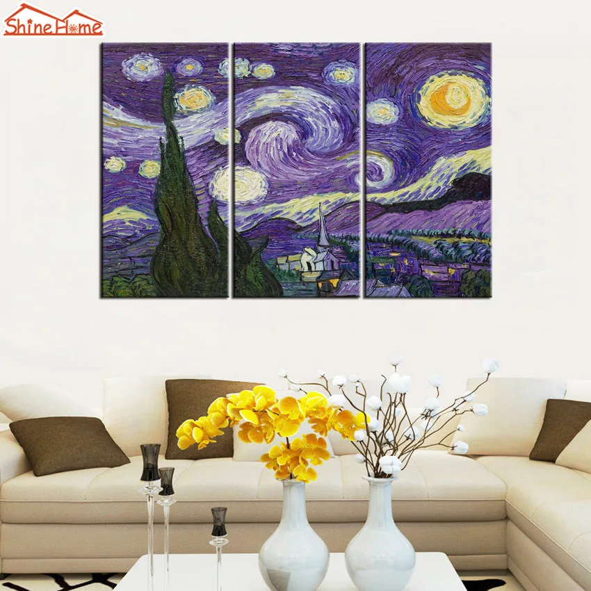ShineHome 3pcs Van Gogh картина маслом плакат Триптих и принты на холсте звездное небо