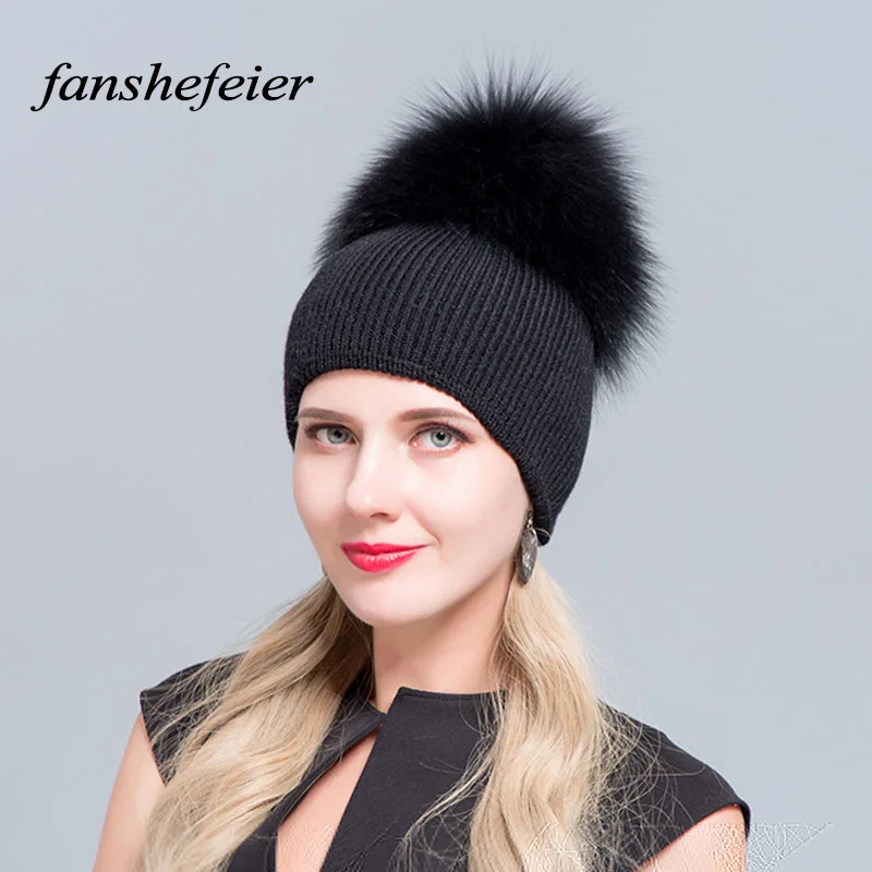 Fanshefeier натуральный мех енота помпон однотонные горнолыжные шапки зимние шапочки