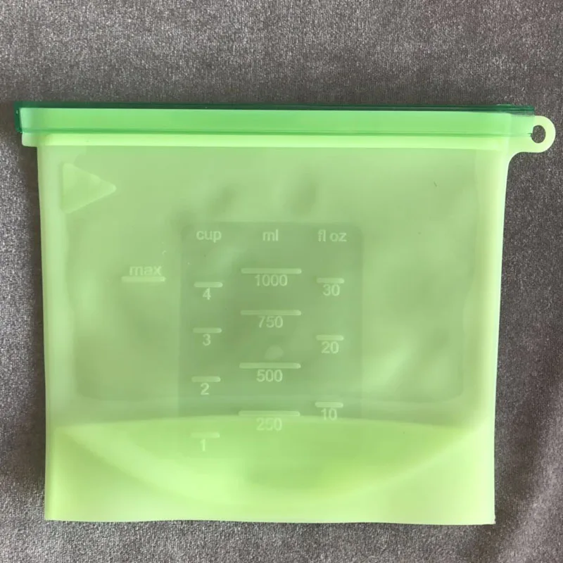 1pcs 1000ml Green Многоразовые силиконовые пакеты для хранения продуктов, вакуумные чехлы на молнии, пакеты для морозильной камеры, органайзер для упаковки кухонного холодильника - Цвет: 1pcs 1000ml Green