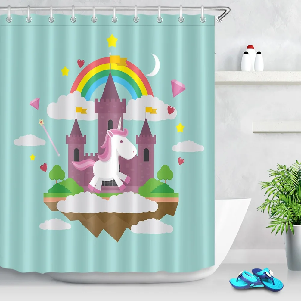 LB забавные белые единороги Радужный замок светильник голубая занавеска для душа