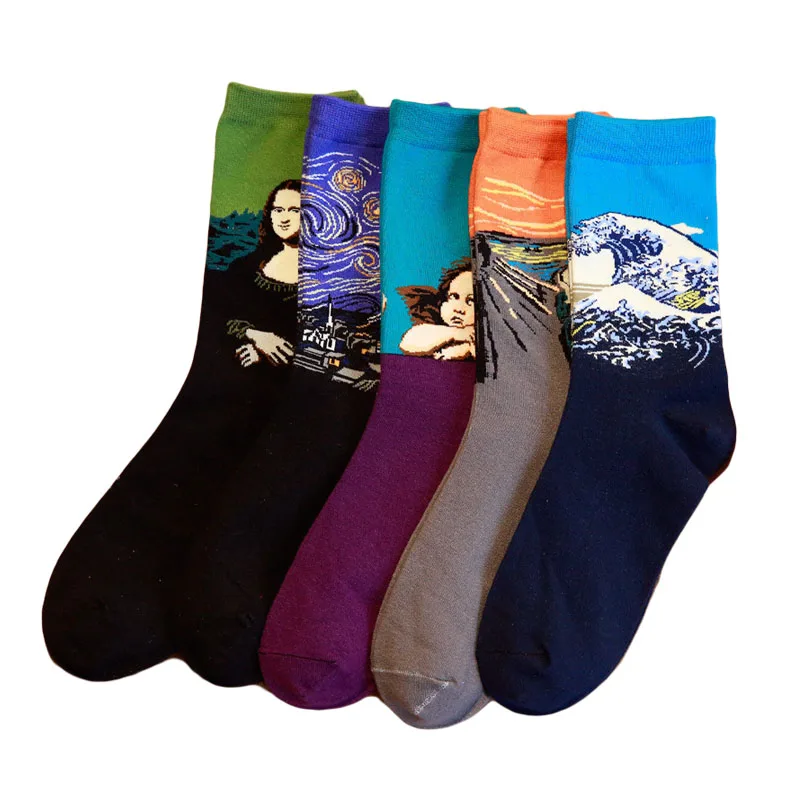 1 пара модные носки в стиле ретро для женщин и мужчин с рисунком Mona Lisa Van Gogh Art