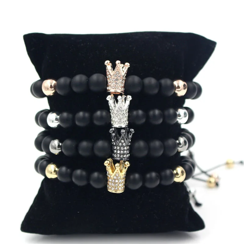 

Fashion Micro Pave CZ Gold Color Crown Charm Bracelet 8MM Black Matte Stone Bead Braided Macrame Bracelet Pulseira Masculina