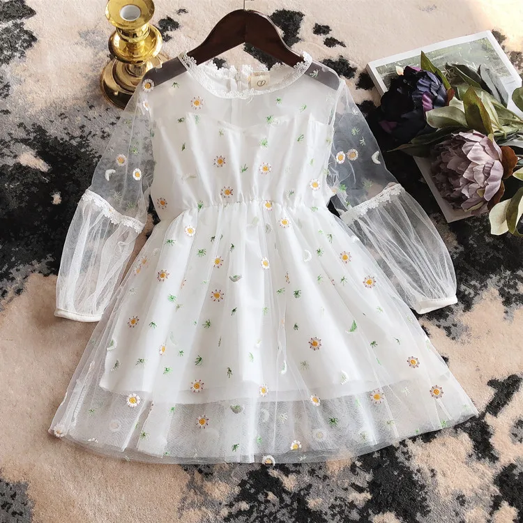 Baby Girl Dress 2018 Summer New Korean Princess Lace Stitching Embroidery Fairy Mesh Long-sleeve Birthday | Детская одежда и обувь