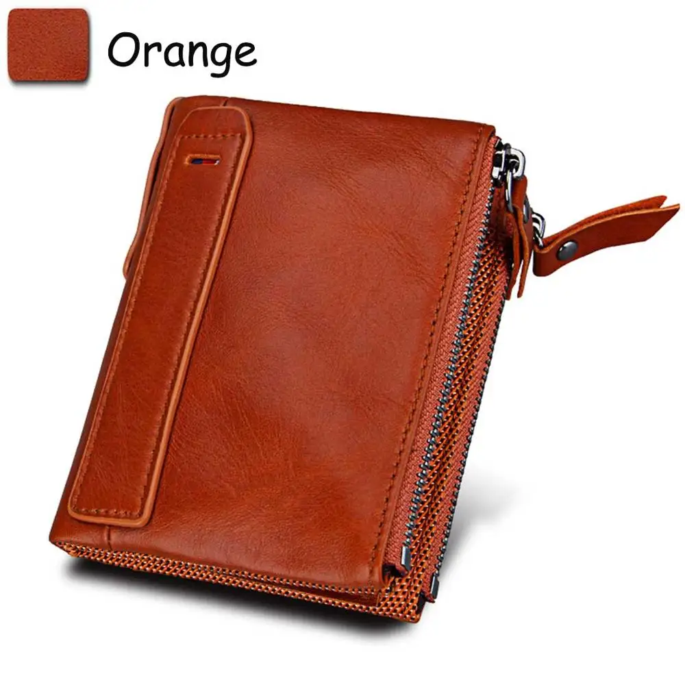orange Мужские кошельки из натуральной коровьей кожи, RFID, двойная молния, короткие кошельки, держатель для карт, карман для монет, Ретро стиль, высокое качество, Брендовые мужские кошельки - Цвет: orange