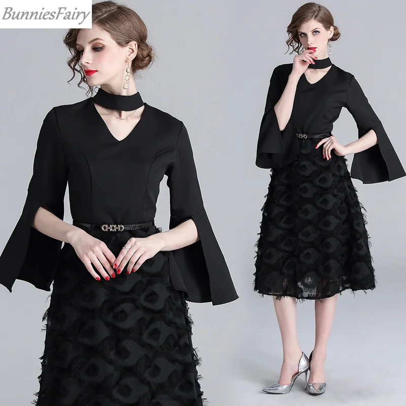 BunniesFairy 2019 весеннее женское подиумное черное кружевное лоскутное ТРАПЕЦИЕВИДНОЕ