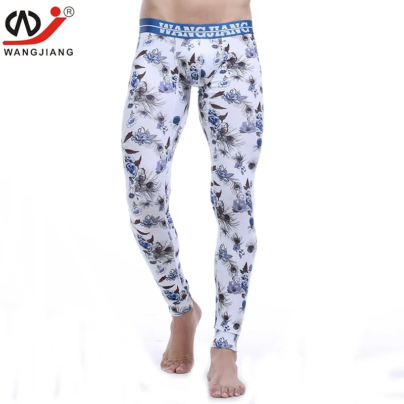 Men Long Johns Warm Pants Thin Elastic Low Waist Male Fashion Print Breathable Sexy Underwear Cotton Tight Legging Bottoms