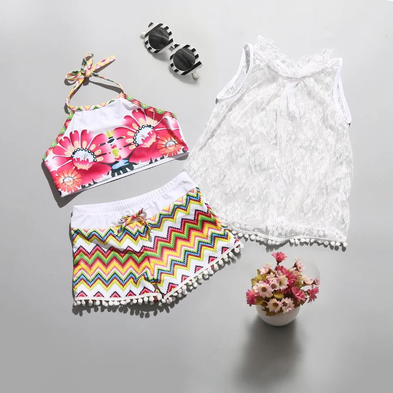 High waist Children's Two-Piece Suits White lace cover-ups 2018 new Girls swimsuit Beach cute print swimwear |