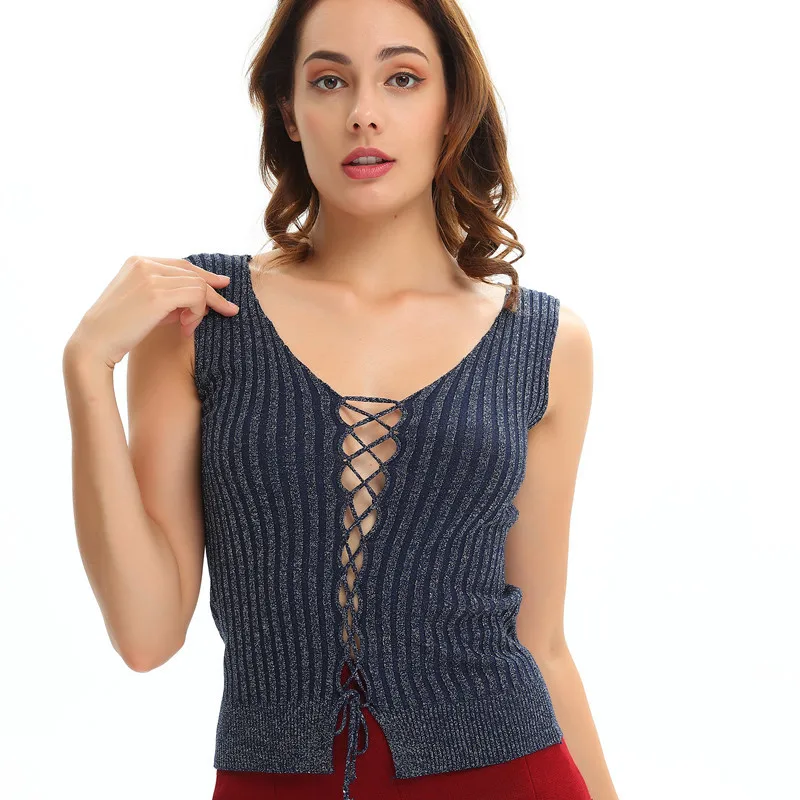 Бандажный женский короткий топ повседневный пикантный Топ без рукавов с V