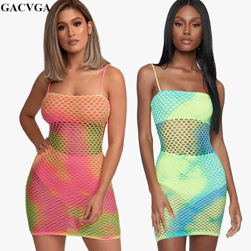 

GACVGA 2019 сексуальное облегающее платье на тонких бретелях, платья, женское Бандажное пляжное платье, одежда для ночного клуба, сетчатые летни...