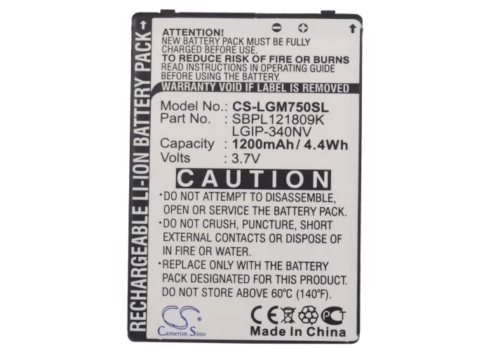 Аккумулятор Cameron Sino на 1200 мА · ч LGIP 340NV SBPL121809K SBPP0026903 SBPP0027503 для LG Eigen GM750 Layla Octane|cameron