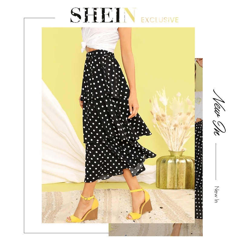 SHEIN Юбка С Оборкой В Горошек Женская Черная Демисезонная Юбка, Повседневная Длинная Юбка