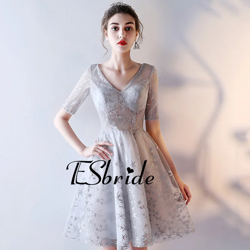 2017 серебряный цвет двойной v короткие платья выпускного вечера одеяние де вечер