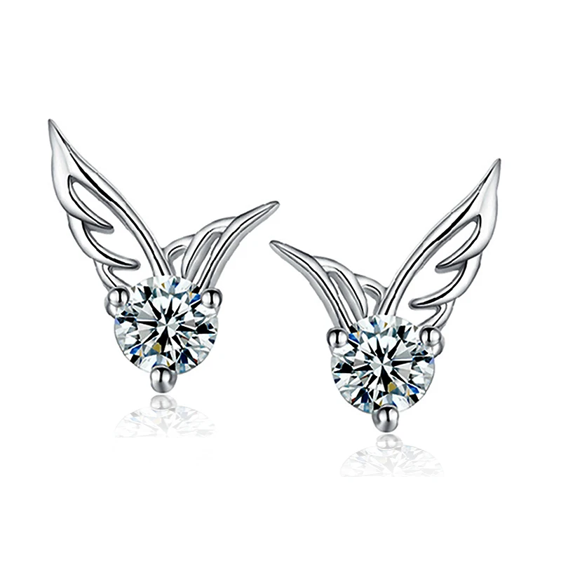 

Top Selling Angel Wings Stud Earrings Real 925 Sterling Silver with Clear Cubic Zirconia Stone Jewelry For Woman Girls
