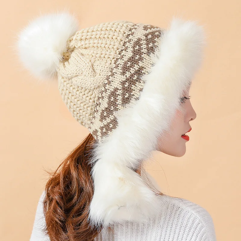 Вязаная шапка-бомбер из искусственного лисьего меха женская зимняя утепленная