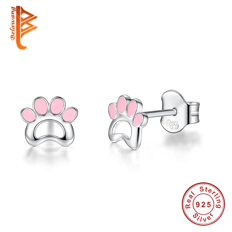 Silver Earrings Children Jewelry Pink Enamel Pet Paw Print Stud for Women Girls Brincos Christmas Gift 2019 | Украшения и