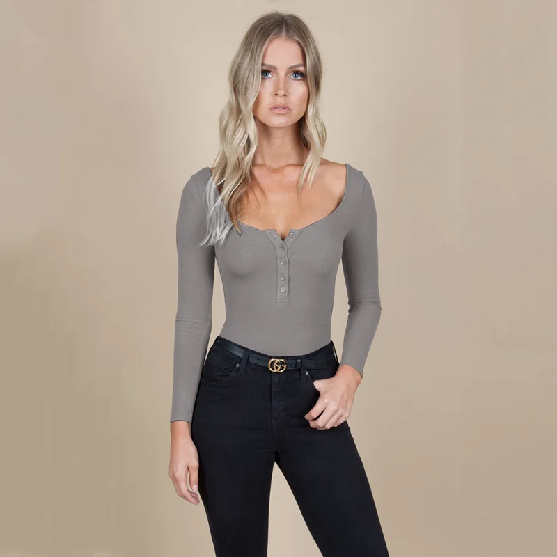 Осенний облегающий боди с длинным рукавом и круглым вырезом женский сексуальный