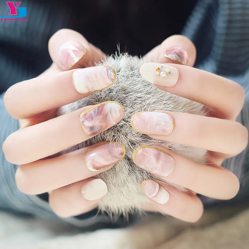 

High Quality Marble Glitter Style False Nail With Glue Acrylic Fake Nails Strass Unha French Full Nail Tips Bride Party Manicure