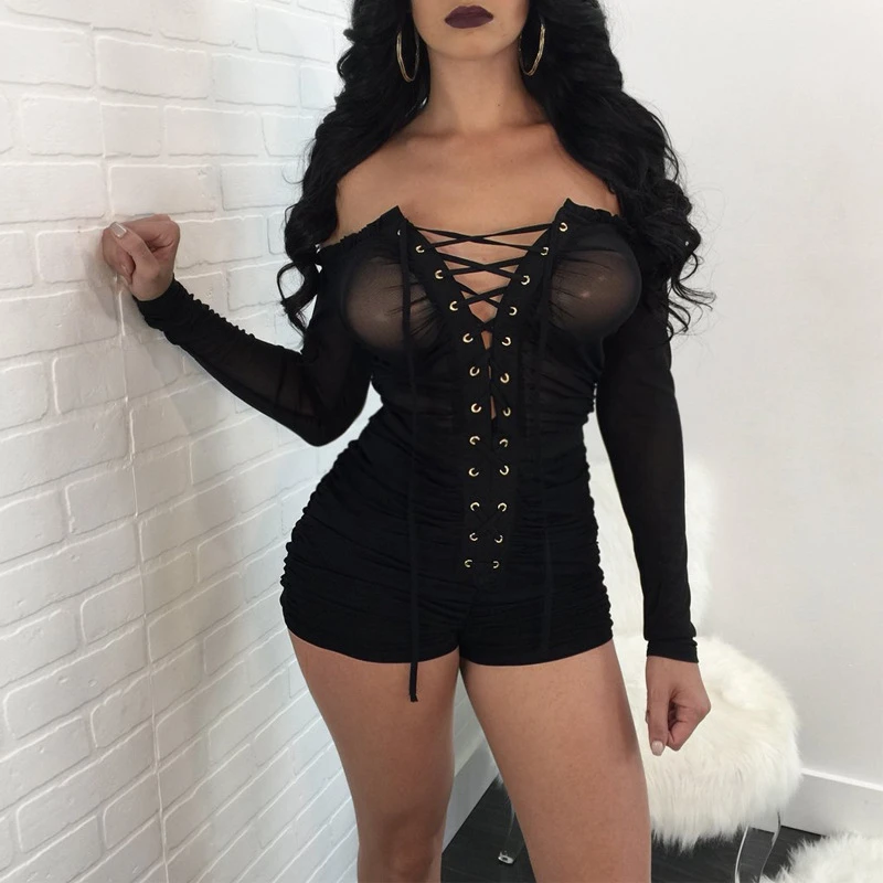 Пикантные Для женщин Комбинезоны Шорты с длинным рукавом Slash шеи с открытыми плечами на шнуровке спереди ушко видеть сквозь сетку Одна деталь ползунки женский
