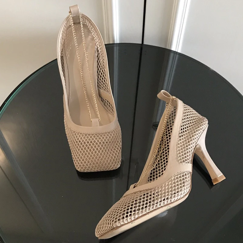 Mesh Pumps Hollow Out Women High Heel Shoes Square Toe Shoes Women Genuine Leather