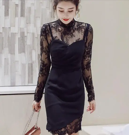 Fashion Black Женское кружевное платье с высоким воротом, элегантное вечернее платье мини черного цвета с длинным рукавом, летнее платье в винтажном стиле для праздника - Цвет: Fashion Black