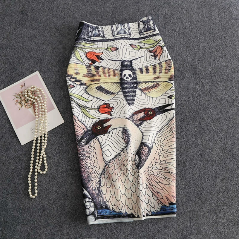 Юбка-карандаш женская с принтом высокоэластичная юбка средней длины журавлей