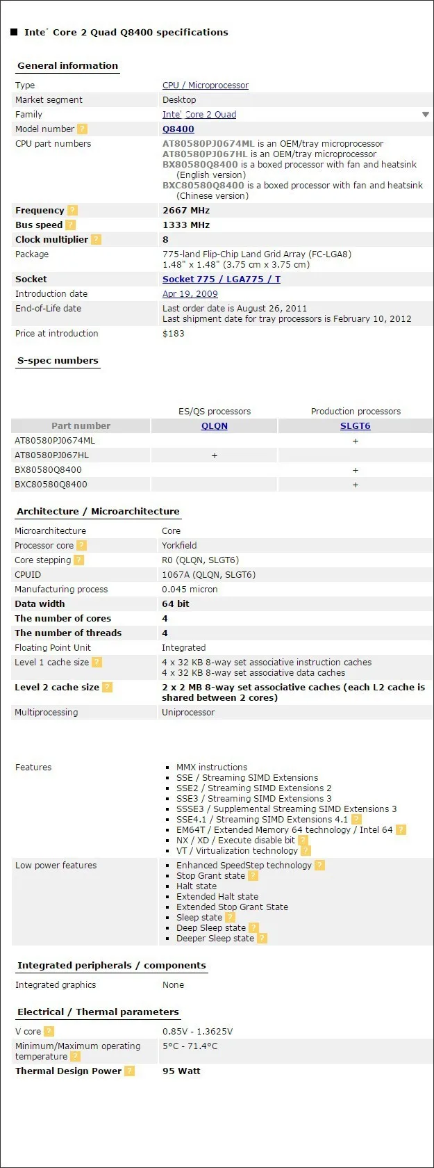 Для процессора Core 2 Quad Q8400(2,66 ГГц/4 м/1333 ГГц) разъем 775 настольный процессор