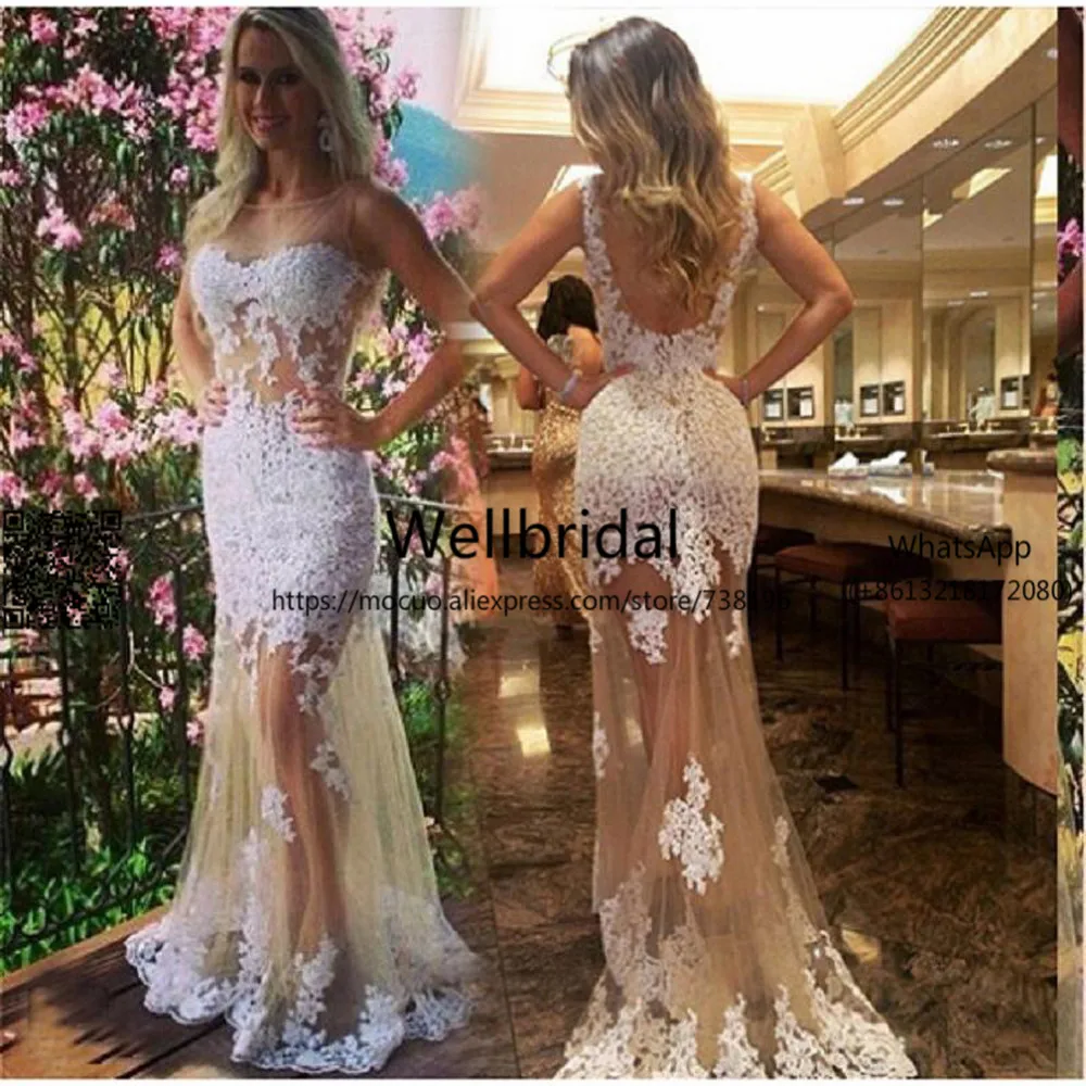 

See Though 2019 Champagne Mermaid Prom Dresses Long Backless Sheer Neck Tulle Formal Lace Long Party Evening dress for women