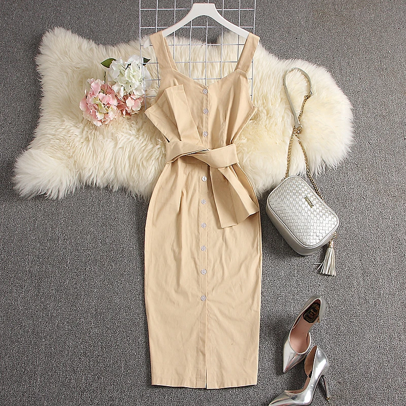 Женское Хлопковое платье ALPHALMODA без рукавов с бантом и поясом однобортное