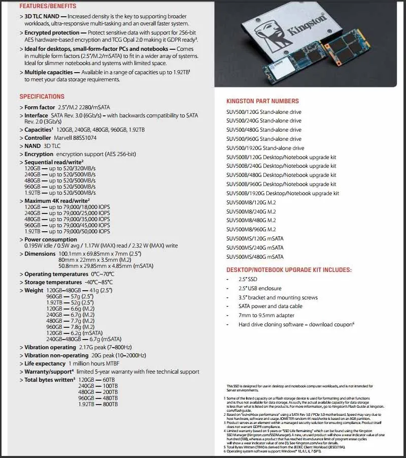 Kingston SSD внутренний 480 ГБ 240 ГБ 120 Гб SATA3 M2 2280 интерфейс SUV500M8 зашифрованный HD твердотельный накопитель для ноутбука дропшиппинг