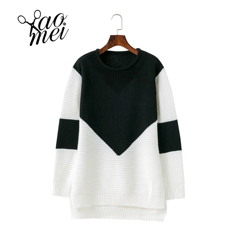 Yaomei Autumn Patchwork Sweater Women 2017 Knitted Sweaters and Pullovers Loose Jumper Hollow Out Split | Женская одежда