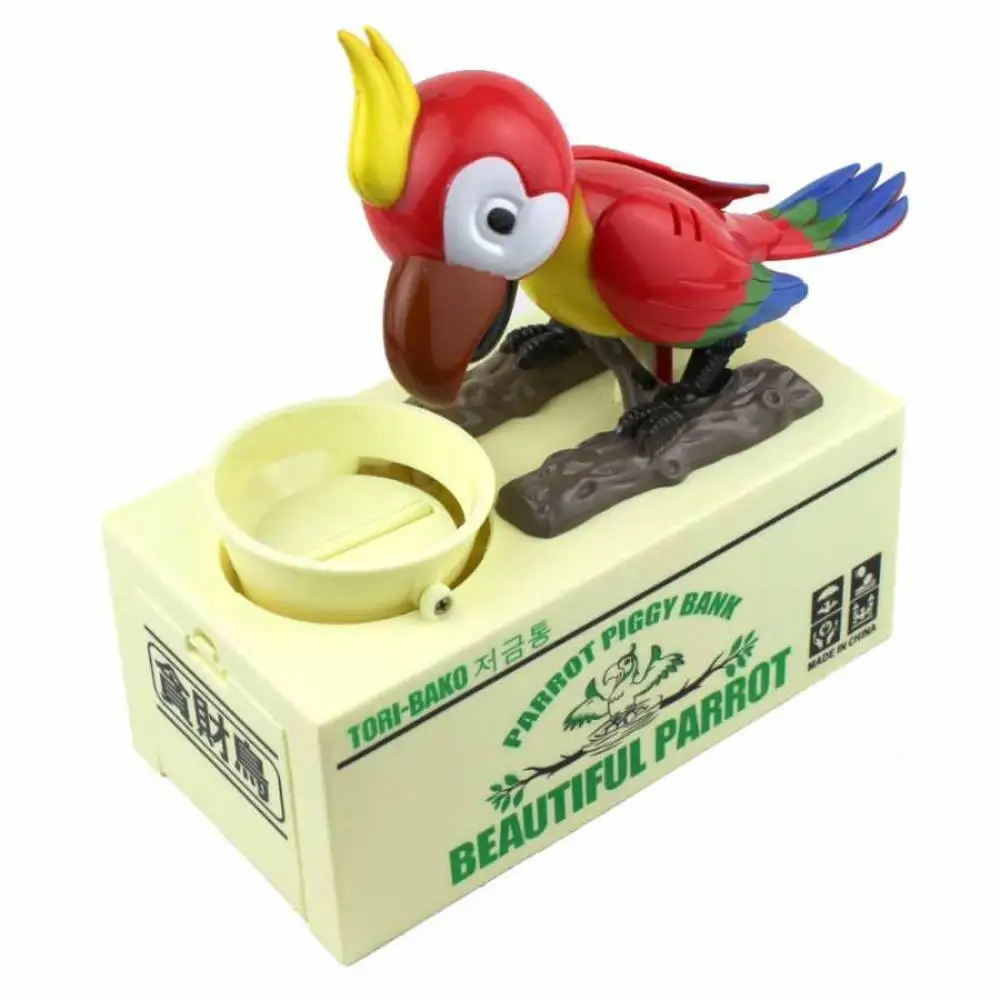 Кормление попугай Копилка милый и очаровательный голодный ест деньги монета