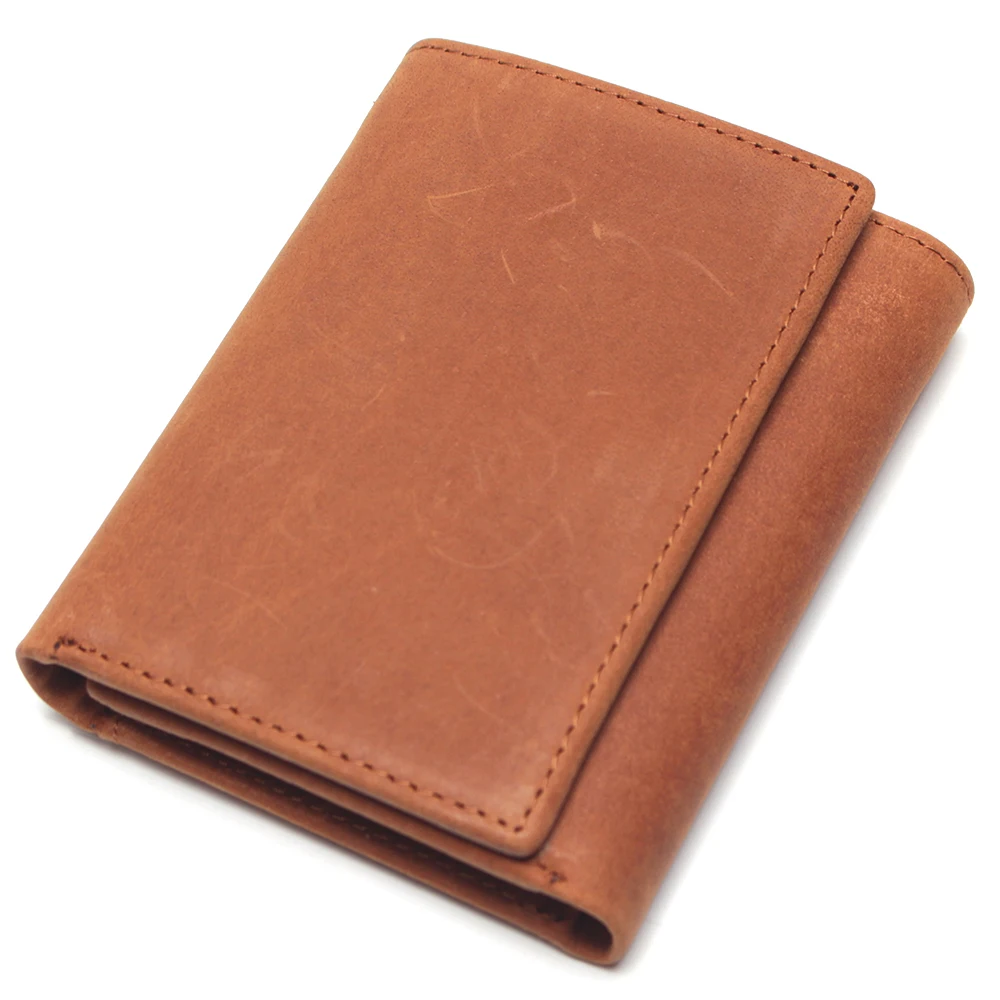 RFID Antitheft Scanning Crazy Horse Leather Wallet Hasp Leisure Men's Slim Leather Mini Wallet Case Credit Card Trifold Purse - Цвет: Brown
