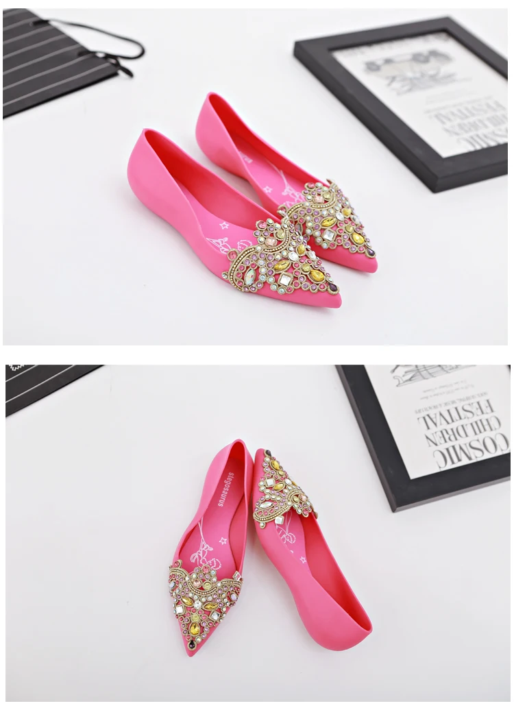 Women's Soft Rhinestones Crystal Pointed Toe Flat Sexy Loafers Sandals Jelly Candy Colors Casual Party Shoes Summer A1090