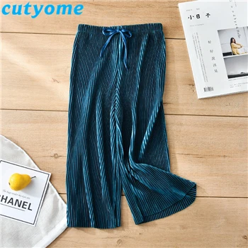 Green Summer Girl Wide Leg Pant Toddler Kids Casual Loose Trouser Child Pleated Chiffon Pants Teenage Girls Clothing Leggings 12 13 14 - Color: Green