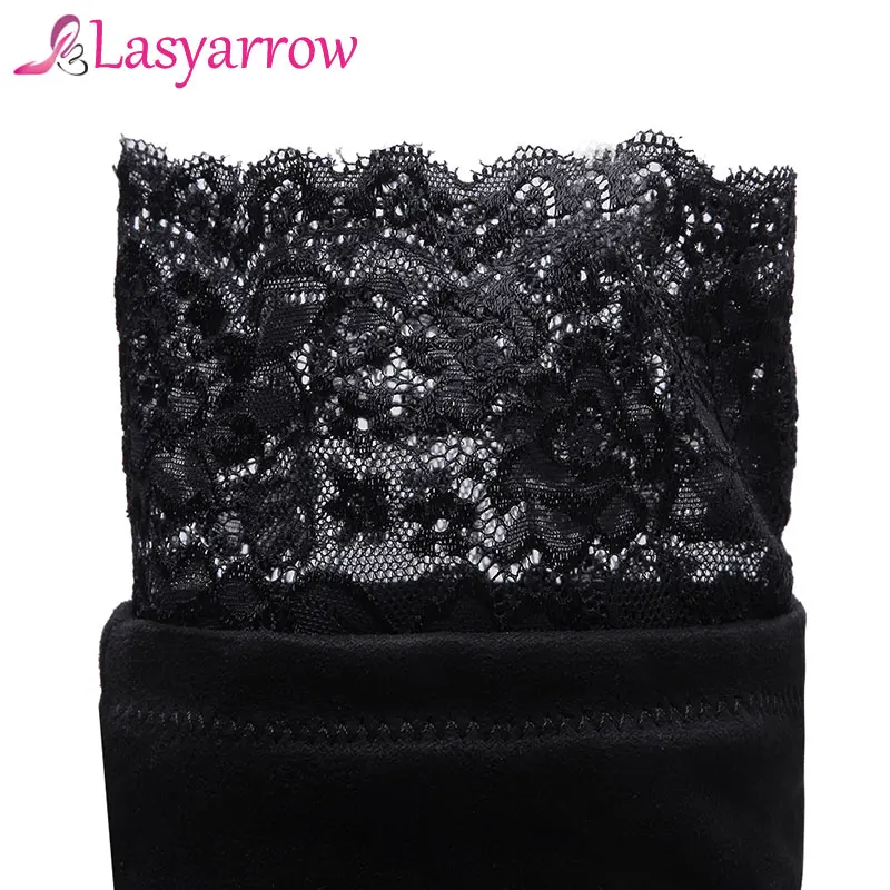 

Lasyarrow Sexy Lace Thigh High Boots Sexy Slim Over the Knee Boots High Heels Solid Black Long Boots Ladies Party Shoes Women