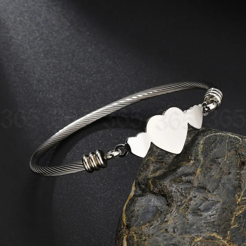steel color Trendy Stainless Steel Three Heart Cuff Bracelet Gold Silver Color Lady Girl Elegant Heart Bangle Party Wedding Jewelry - Metal Color: steel color