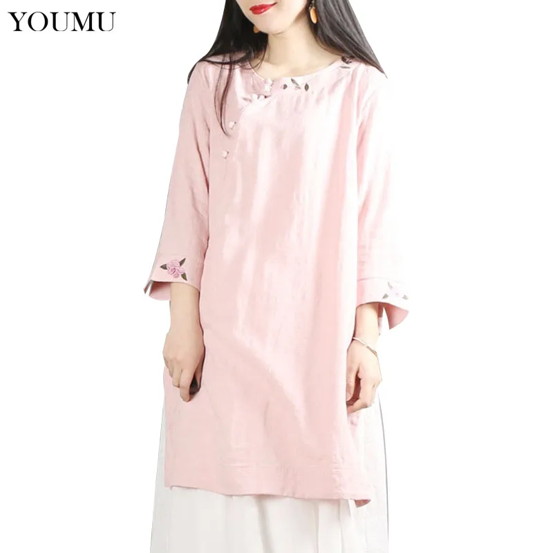 

Women's Cotton Linen Embroidered Shirt Chinese Plate Buttons Floral Round Neck Three Quarter Sleeves Blouse Vintage 224-067