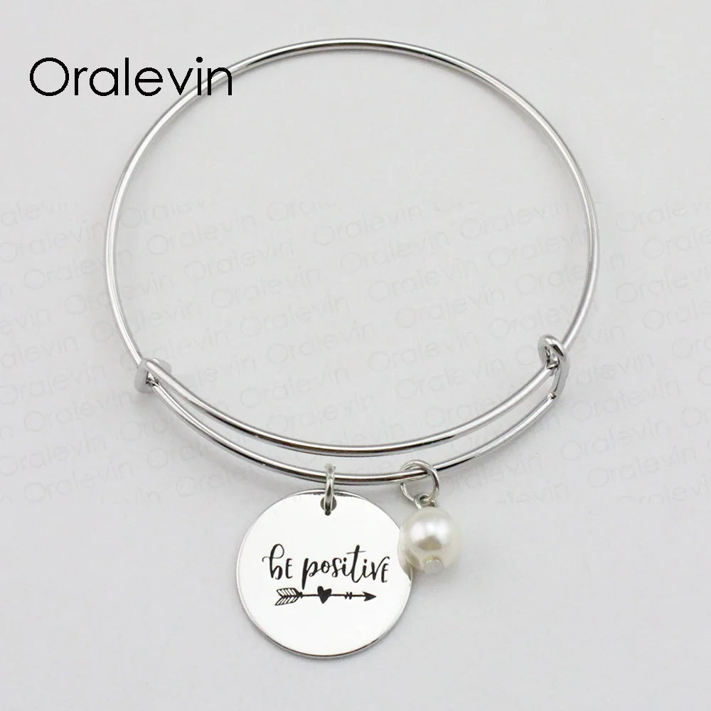 

BE POSITIVE Inspirational Hand Stamped Engraved Pendant Expandable Charm Wire Bangle Bracelet Gift Jewelry,10Pcs/Lot, #LN1998B