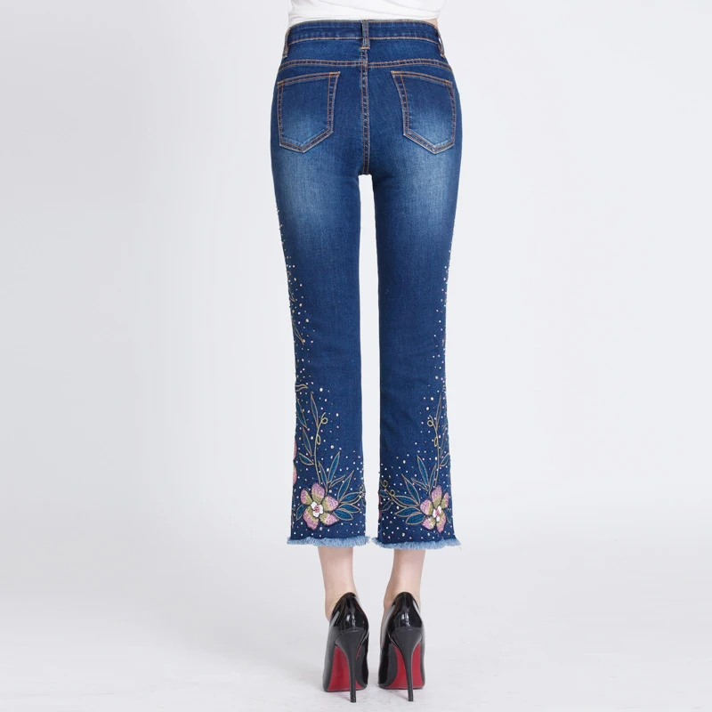 Женские расклешенные джинсы FERZIGE синие облегающие брюки с высокой талией и